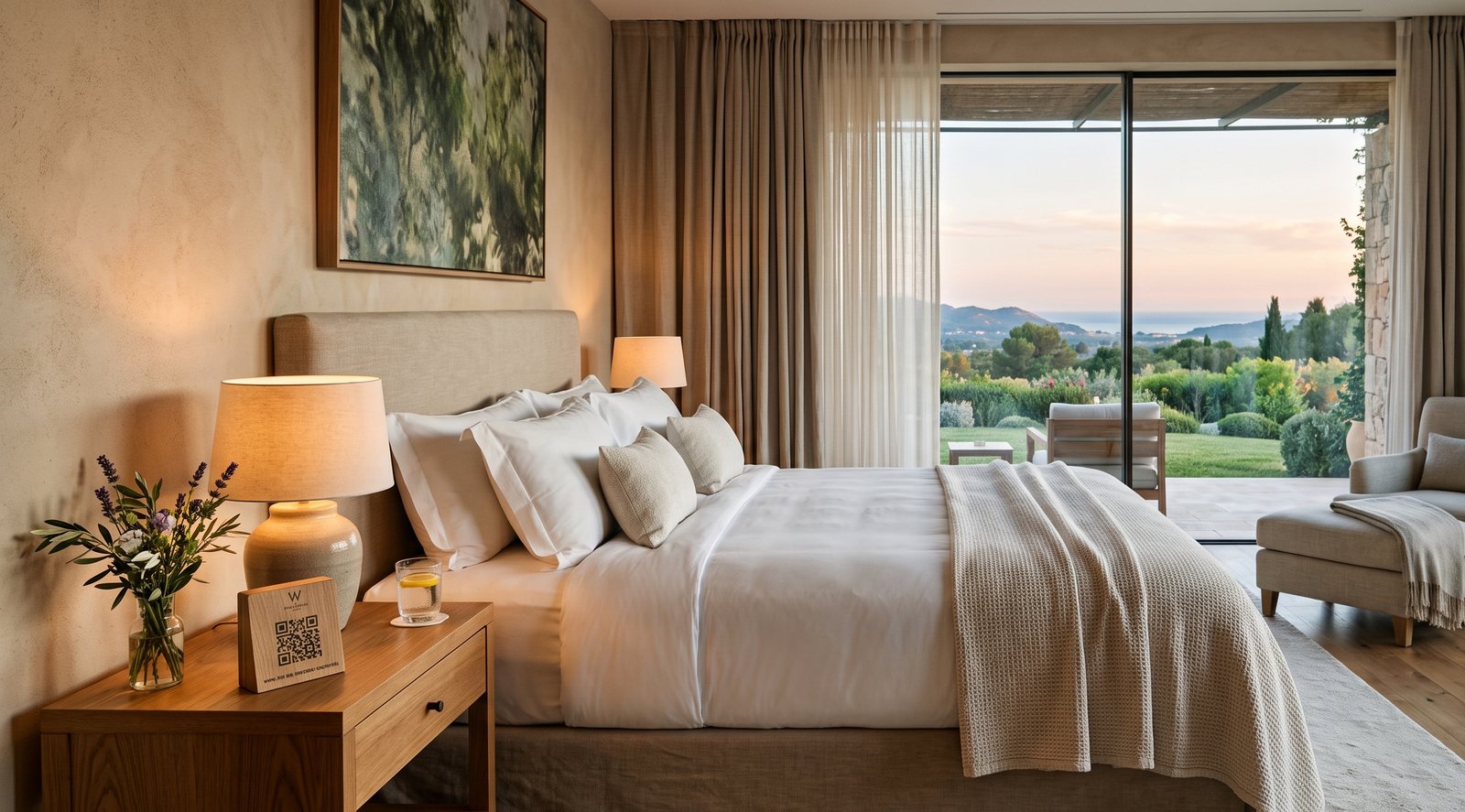 Hotel nightstand with a Meditation Station QR card beside a lamp
